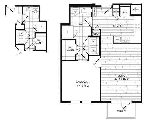 Floor plan for 1 bed, 1 bath, 739 sqft